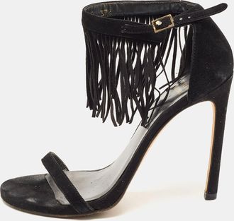 Stuart Weitzman Black Suede Love Fringe Ankle Strap Sandals