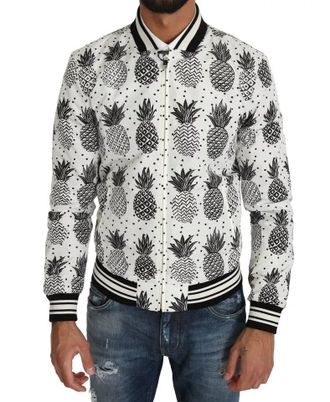 Dolce & Gabbana White Black Pineapple Bomber Coat Mens Jacket