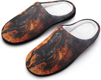 Generic Black Horse Galloping through Flames Slippers Men Winter Warm Cotton Anti-Slip Indoor Slip-Ons House Shoes