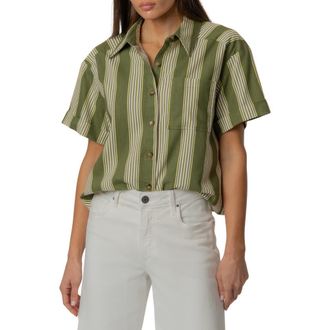 Kut from the Kloth Aida Stretch Cotton Blend Short Sleeve Button-Up Top in Olive/Ivory at Nordstrom, Size X-Large