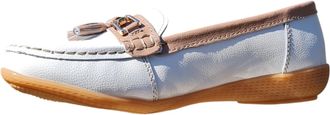Jo & Joe Ladies Nautical Wide FIT Leather Smart Loafer Tassel Moccasin Flat Slip On Comfort Shoe Size 3-8 (White/Mocha, UK Footwear Size System, Adult, Women, 