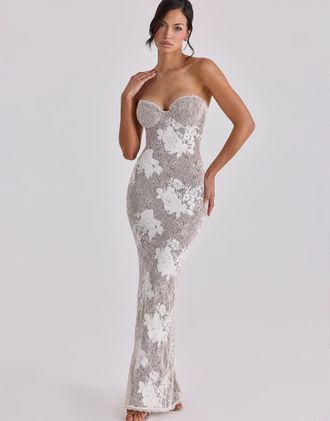 House of CB Lucienne - Vestito lungo in pizzo ricamato color avorio-Bianco