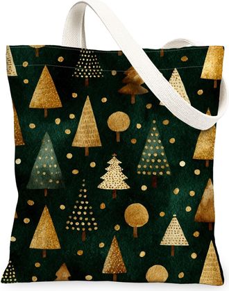 Generic Christmas Canvas Tote Bags, Festive Tree Design Reusable Grocery Bags, Elegant Holiday Lightweight Washable Shoulder Strap Canvas for Shopping Outdoor