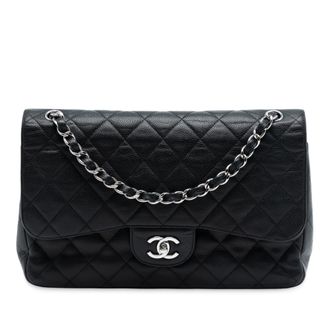 Chanel Pre-owned Womens Jumbo Classic Caviar Double Flap - Black Leather - One Size