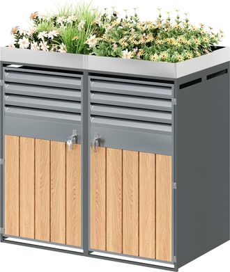 STILVORA Armario Para Cubos De Basura Doble Con Jardinera Integrada, Puertas De Lamas Con Cerradura En Acero Gris Madera