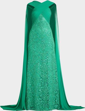 Tadashi Shoji Albioin Sequined Crisscross Sash Gown