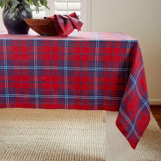 Solino Home Linen Tablecloth for Dining Table, Holiday and Everyday Dining Table Decor - Red Tartan Plaid in Red And Navy at Nordstrom, Size X-Large