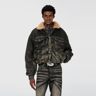 Diesel Teddy-lined trucker jacket in dirty-effect denim - Denim Jackets - Unisex - Black