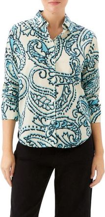 Karen Kane Ruched Sleeve Shirt in Ivory/Blue Print at Nordstrom, Size X-Small P