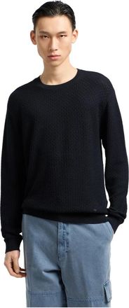 Emporio Armani Trui van zuivere scheerwol met jacquardmotief in reli&euml;f - Heren - Ronde hals truien - Blauw - XL - Wol - Truien & Vesten