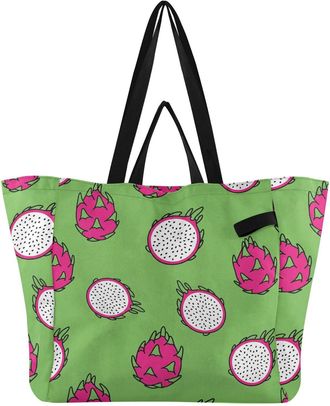 Generic Tropical Dragonfruit Fruit Green pattern Reusable Canvas Tote Bag, Heavy Duty Grocery Shopping Bag with Double Handles Large Capacity Hard Bottom Work
