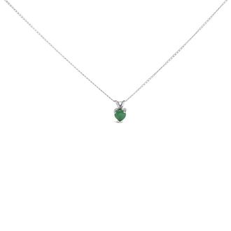 House of Brilliance 14K White Gold 5X5 MM Heart Shaped Green Emerald Solitaire Pendant Necklace
