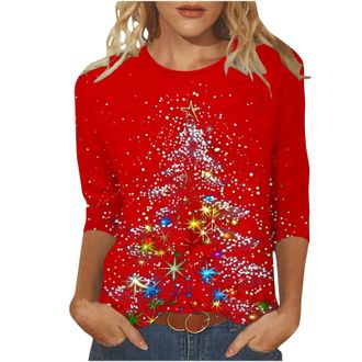Generic Ladies Christmas T Shirts Light Up Christmas Tree Printed Ugly Tops Sparkly Xmas Tree Graphic Shirt Oversized Crewneck Blouse Casual Pullover 3/4 Slee