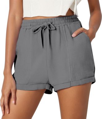 Generic Shorts for Women UK Linen Solid Colour Pockets Elastic Waist Loose Casual Pants Summer Clothes Beach Walking Pants Solid Color Casual Ladies Shorts wi