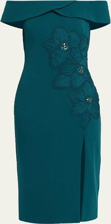 Aidan Mattox Off-Shoulder Applique Crepe Midi Dress