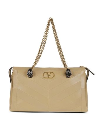 Valentino Garavani Leren schoudertas met chevron-streep en ketting - Beige