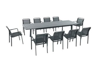 Vente-Unique Comedor de jard&iacute;n de aluminio: mesa extensible L.205/286.5 cm y 10 sillones apilables - Gris oscuro - VELYRA de MYLIA