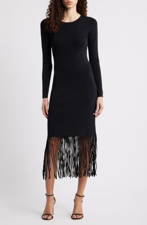 Elie Tahari Roma Fringe Hem Long Sleeve Body-Con Dress in Noir at Nordstrom, Size Medium