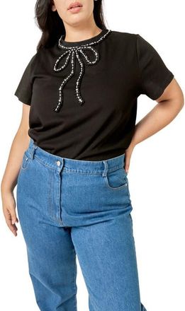 English Factory Pearl-Embellished Bow T-Shirt in Black at Nordstrom, Size 2X