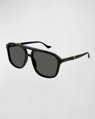 Gucci Men & apos;s Double-Bridge Acetate Aviator Sunglasses