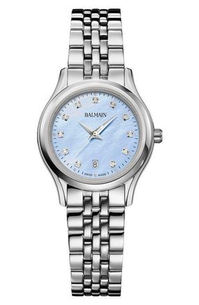 Balmain Beleganza Diamond & Mother-of-Pearl Bracelet Watch, 27.5mm in Blue/Stainless Steel at Nordstrom