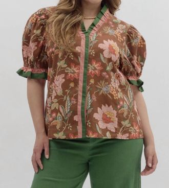 Entro Floral Print Shoulder Puff Sleeve Top In Brown