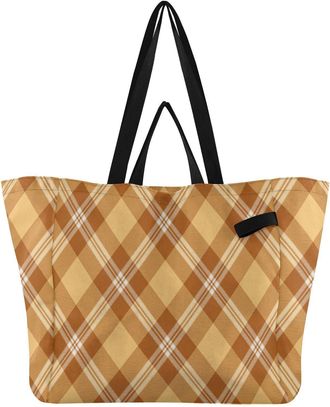 Generic Brown Yellow Plaid pattern Reusable Canvas Tote Bag, Heavy Duty Grocery Shopping Bag with Double Handles Hard Bottom Large Capacity Work Groceries Tra