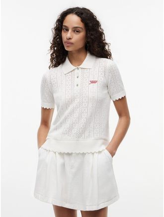 Tommy Hilfiger Womens Tommy Jeans Flag Pointelle Sweater Polo - White - XL