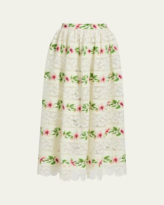 Oscar De La Renta Chine Hibiscus Striped Lace-Inset Midi Skirt