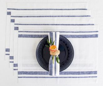 Solino Home Linen Placemats Set of 4, 14 x 19 Inch for Dining Table, Holiday and Everyday Table Decor - French Stripe in Navy And White at Nordstrom