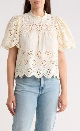 T Tahari Embroidered Eyelet Short Sleeve Cotton Top in Ecru at Nordstrom Rack, Size X-Small