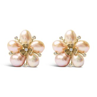 House of Brilliance 18K Rose Gold 3/8 Cttw Diamond and Freshwater Pearl Blossom Stud Earrings