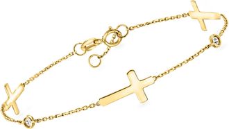 Ross-Simons 14kt Yellow Gold Cross Station Bracelet With Diamonds