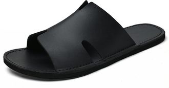 Generic Mens Genuine Leather Flat Slides Sandals Fashion Round Open Toe Slip On Soft Bottom Beach Sandals Summer Casual Vacation Parties Slippers (Black,11.5)