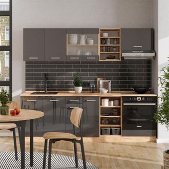 Vicco Mueble De Cocina R-line, Antracita Brillo Intenso/roble Dorado El&eacute;ctrico, 240 Cm, Et Roble