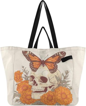 Generic Skull Butterfly Orange print Reusable Canvas Tote Bag, Heavy Duty Grocery Shopping Bag with Hard Bottom Large Capacity Double Handles Work Groceries T