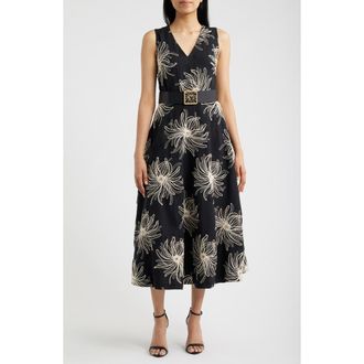 Anne Klein Embroidered Belted Midi Dress in Anne Black /Ivory at Nordstrom, Size 12