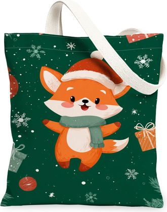 Generic Christmas Fox Canvas Tote Bags, Cute Animal Pattern Reusable Grocery Bags, Festive Vintage Lightweight Washable Shoulder St, Green, 13x15 Inch