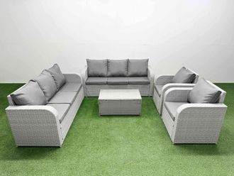 Fimous PE Rattan High Back Lounge Sofa Set Patio Coffee Table & Chairs Set with 3 Seater Sofa Reclining Chair Light Grey