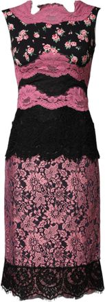 Dolce & Gabbana Black Pink Floral Lace Silk Sheath Womens Dress