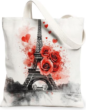 Generic Parisian Floral Canvas Tote Bags, Romantic Rose Heart Pattern Reusable Grocery Bags, Lightweight Washable Shoulder Strap Canvas for Travel Outdoor Bea