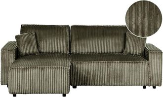 Beliani Fabric Jumbo Cord Right Hand Corner Sofa Sleeper Function Pull Out Cushioned Back Pet Friendly Extra Throw Pillows Green Abacka