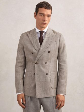 Reiss Brown Double-breasted Herringbone Blazer Slim-fit Wool-blend, 44R