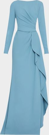 Elie Saab Long-Sleeve Ruffle-Slit Cady Gown