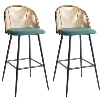 Beliani Conjunto De 2 Sillas De Bar Retro Asiento De Tela Estructura Met&aacute;lica Negra Respaldo De Trenza Vienesa Verde Cornell