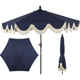 Jonathan Y Designs Collins 9 ft. Classic Cottage Fringe Tassel Market Patio Umbrella with Auto-Tilt Crank in Navy/cream at Nordstrom