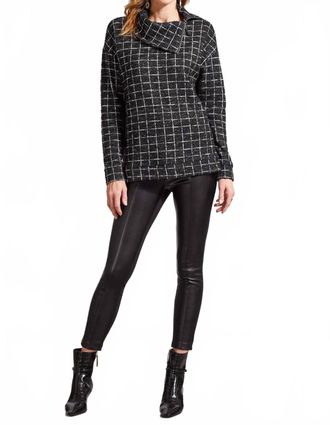 Tribal Shiny Thread Split Neck Top With Zippered Collar In Black