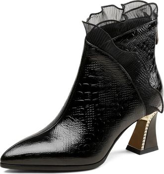 TinaCus Genuine Leather Womens Ruffle Pointed Toe Zip Up Handmade Spool Heel Ankle Boots, Black, 5 UK