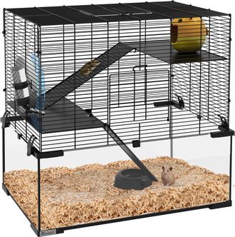 OEM Jaula De H&aacute;mster Con Fondo De Vidrio Plataformas Cuenco Bebedero Casita Rampas Y Rueda De Ejercicio 60x40x54,5 Cm Negro