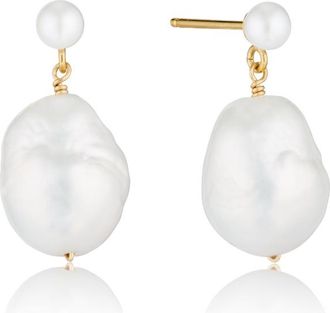 Lily & Roo Gold Large Double Baroque Pearl Drop Stud Earrings
